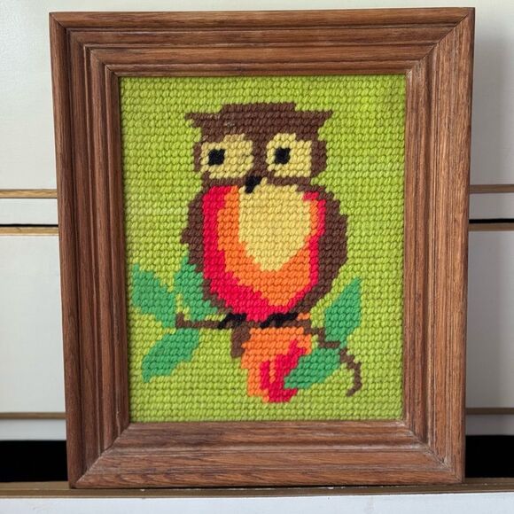 Vintage Retro 70’s Owl Needlepoint Framed In Wood - Picture 1 of 3
